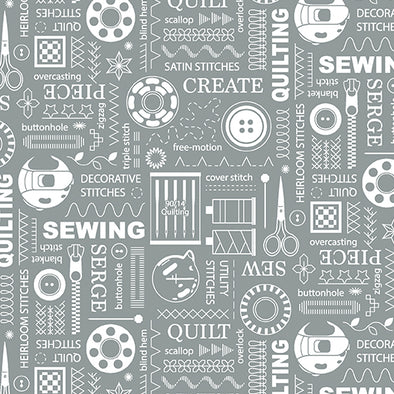 Sewing Stitches Grey - Cotton Print