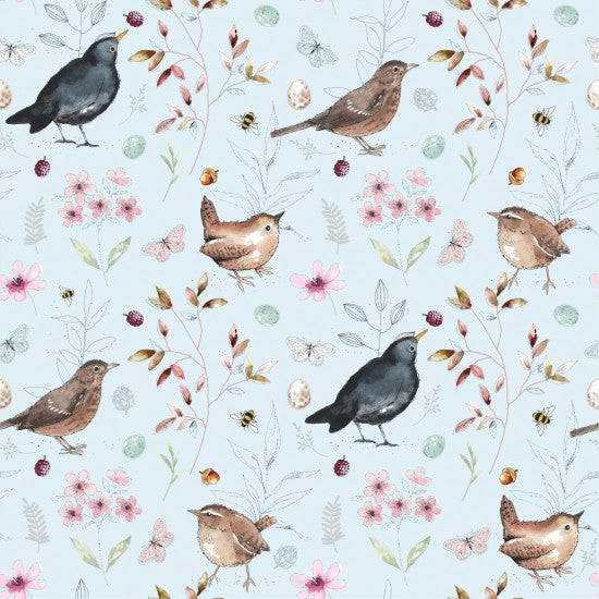Native Birds on Blue - Cotton Print