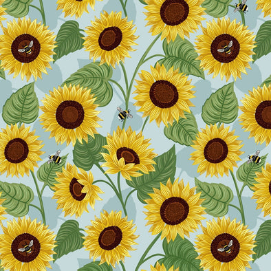 Large Sunflowers & Bees on Blue - Cotton Print