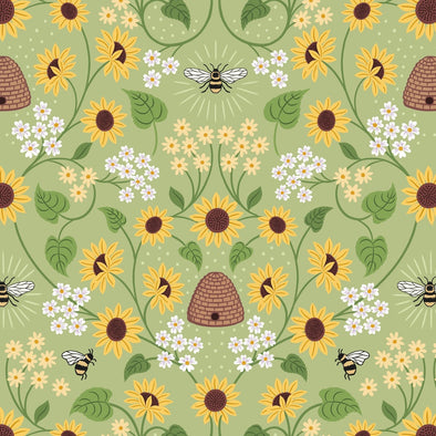 Bee Hive on Green - Cotton Print