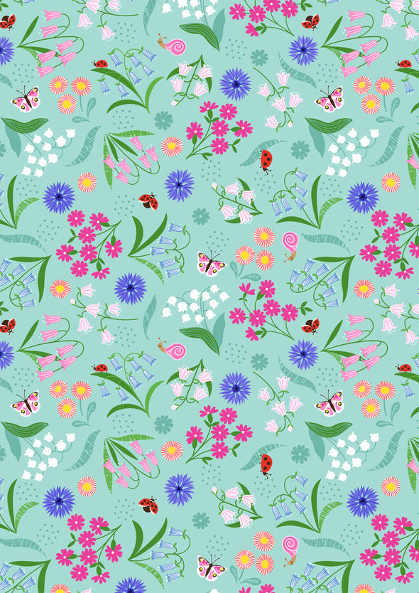 Bell Flowers Aqua - Cotton Print