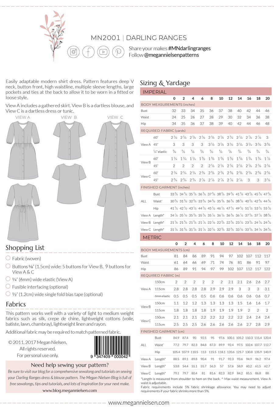 Darling Ranges Dress & Blouse by Megan Nielsen Patterns – Sew Yarn Crafty &  Studio